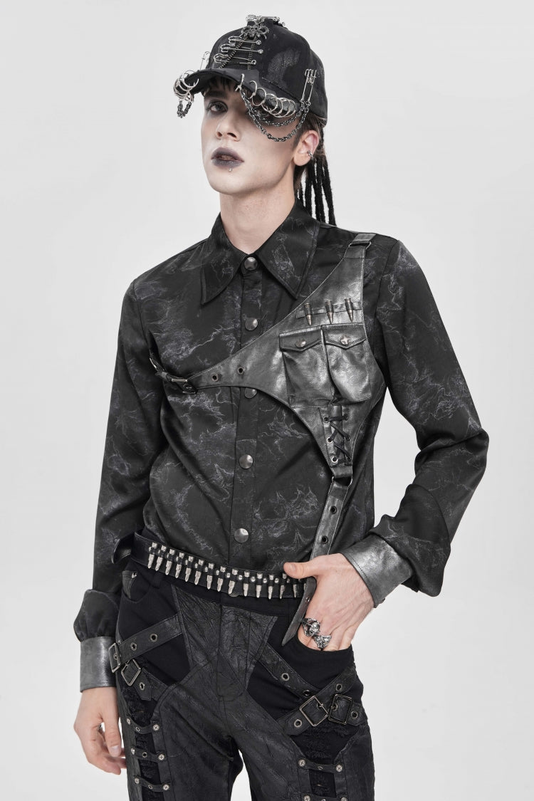 Punk Asymmetric Blouse with Print Stitching and Bullet Detail, Long Sleeve