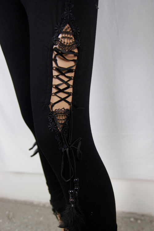 Side Slit Lace-Up Pants with Hollow Details
