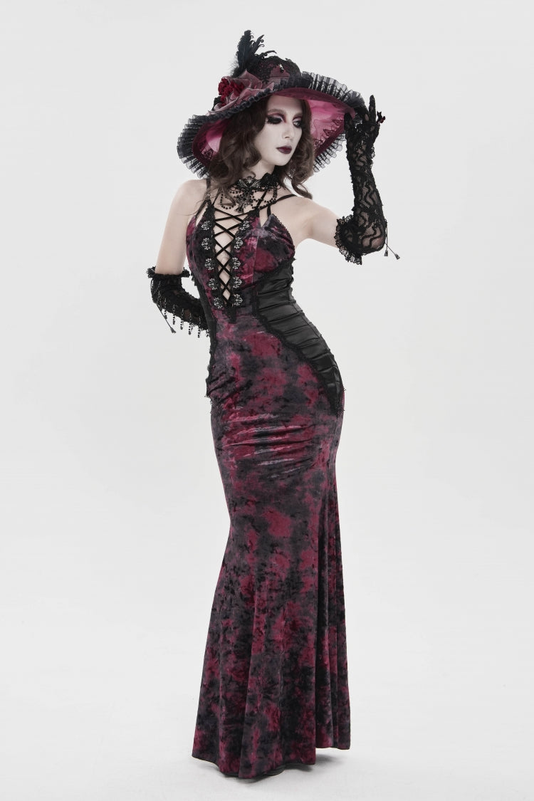 Crimson & Noir Halter Neck Printed Hanayome Lace-Up Fitted Pleated Gothic JSK Dress