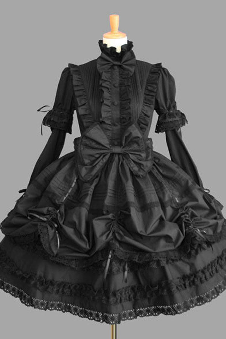Gothic Lolita Dress in Cotton with Stand Collar, Bowknot and Multi-Layer Ruffles