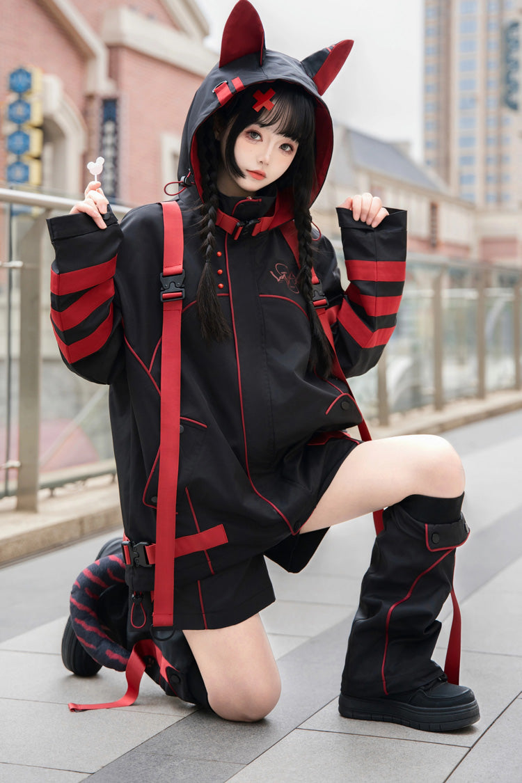 Crimson & Noir Long Sleeve Print Cat Ear Hooded Jirai Kei Stylish Coat
