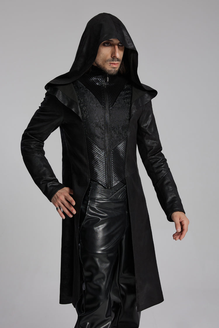 Gothic Hooded Jacket with Zip and Pleats for Men - Noir