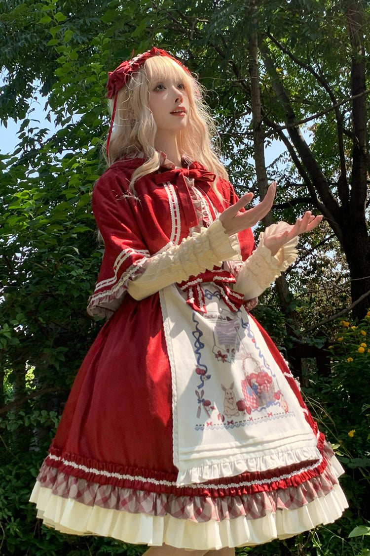 Burgundy Little Red Riding Hood Ruffle Bow Sweet Lolita Jumper Dress