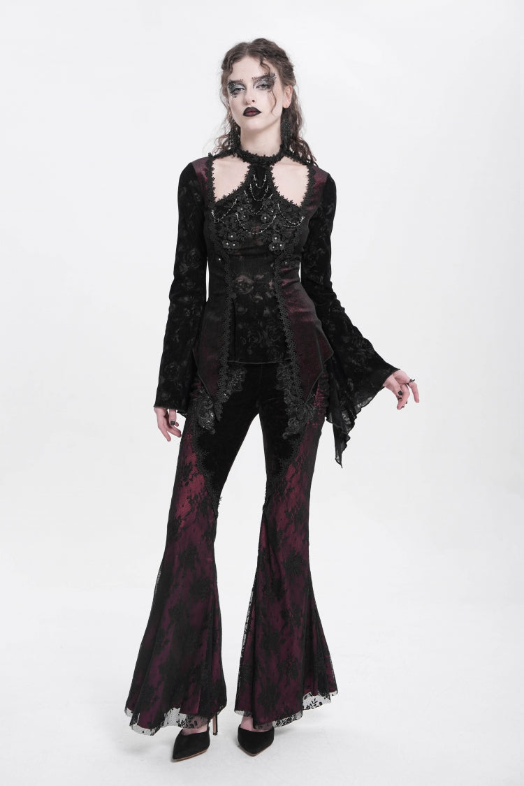 Crimson Gothic Blouse with Jacquard Cutout and Trumpet Sleeves