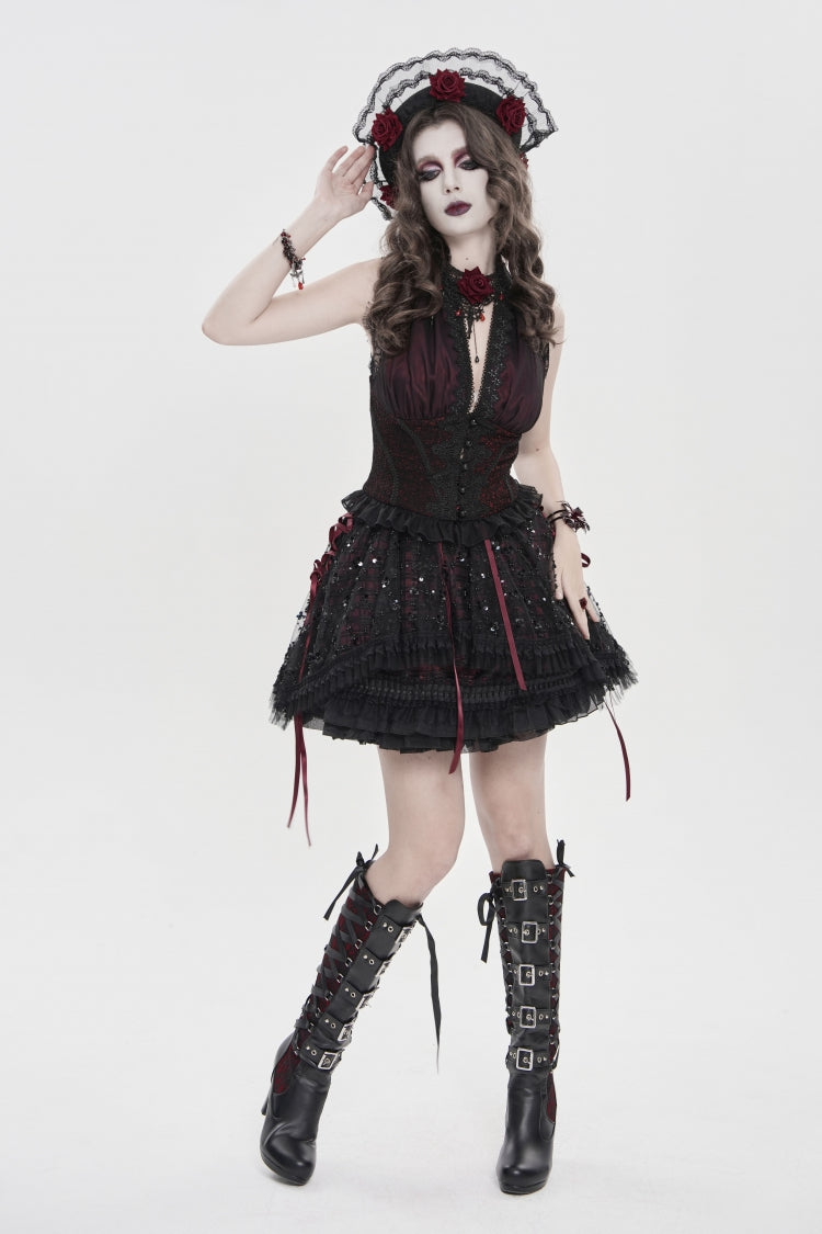 Crimson & Noir Off-Shoulder Double-Layer Embroidered Lace-Up Fitted Gothic Corset Vest