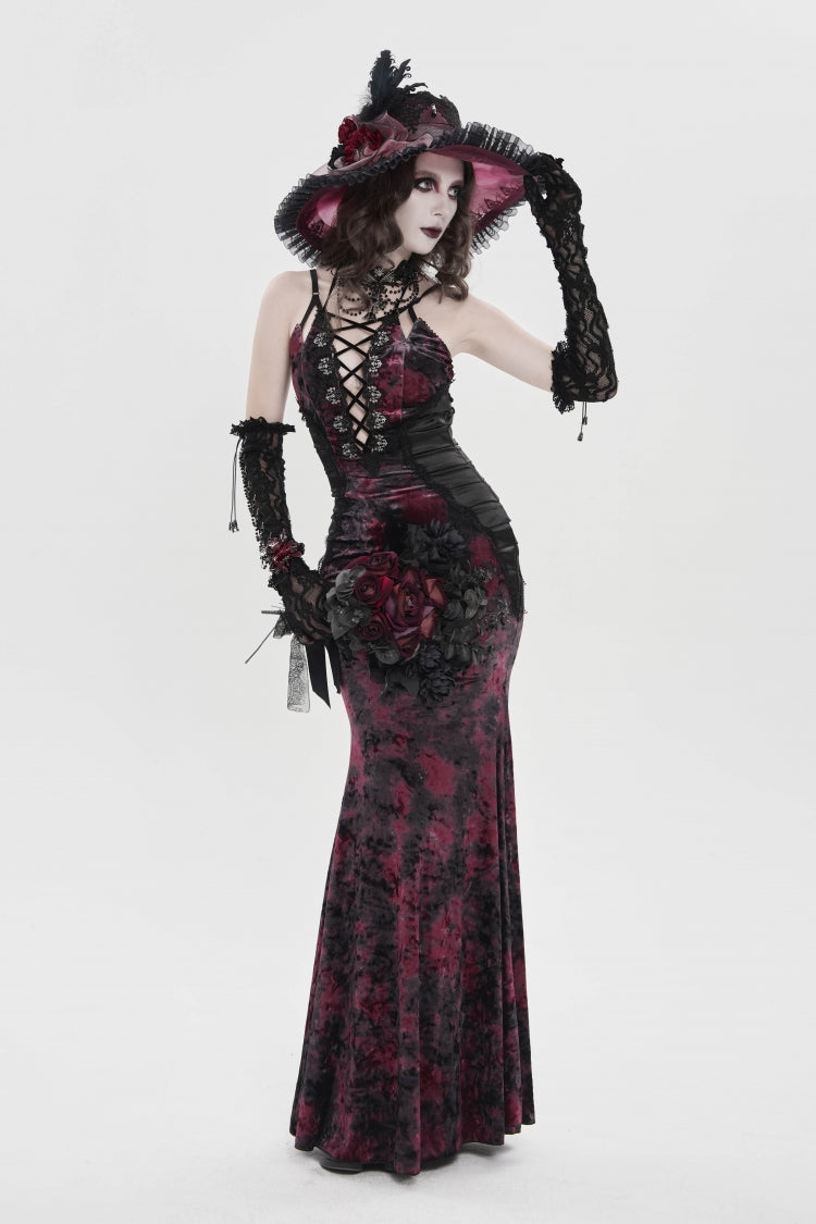 Crimson & Noir Halter Neck Printed Hanayome Lace-Up Fitted Pleated Gothic JSK Dress