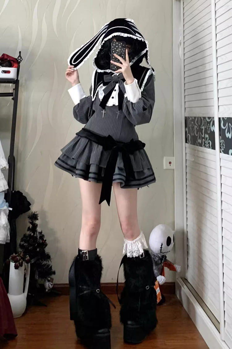 Navy Collar Long Sleeve Ruffle Gothic Dress - Bizarre Rabbit Opera