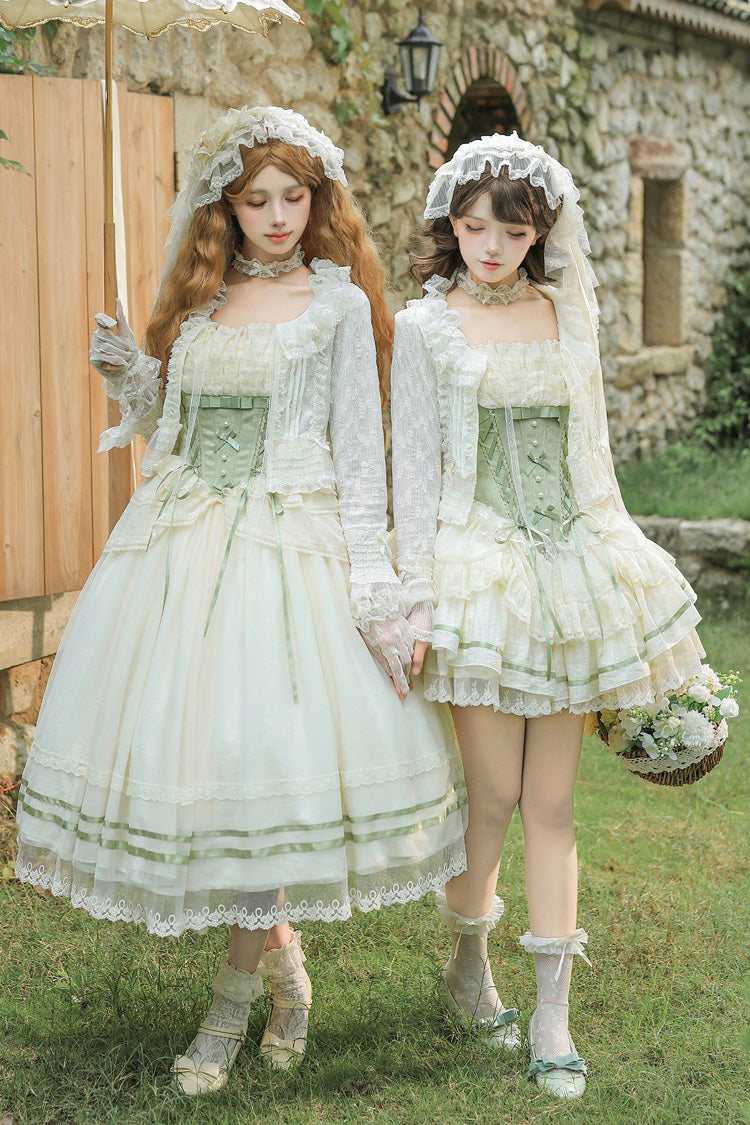 Emerald Square Neck Ruffled Lace Bow Accent Sweet Lolita JSK in Two Styles