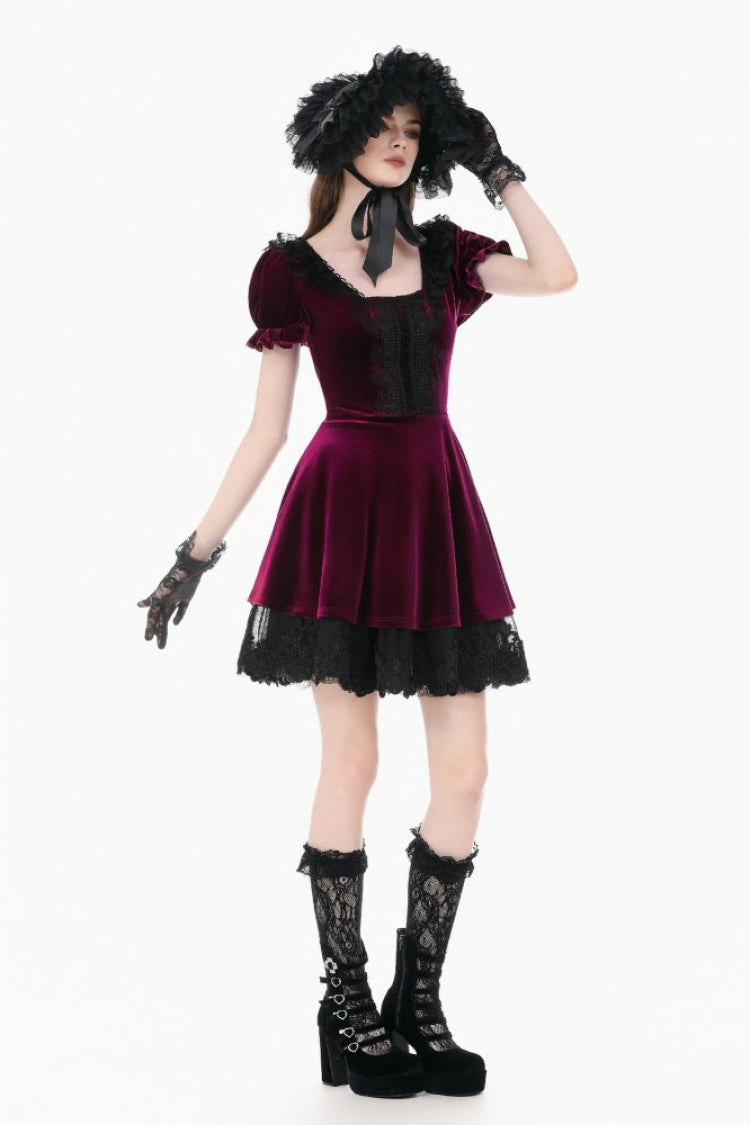 Burgundy Square Collar Short Puff Sleeve Velvet Patchwork Lace Lace-Up Gothic Dress
