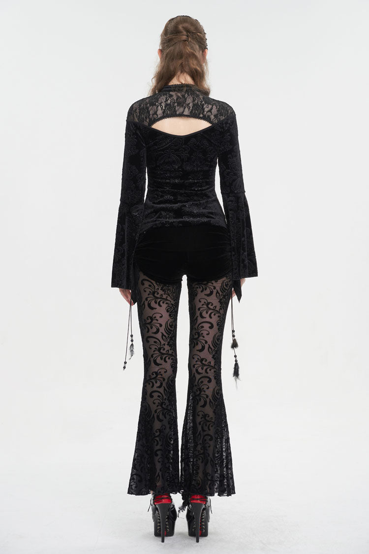 Gothic Shirt with Cutout Round Collar Flared Sleeves and Embossed Floral