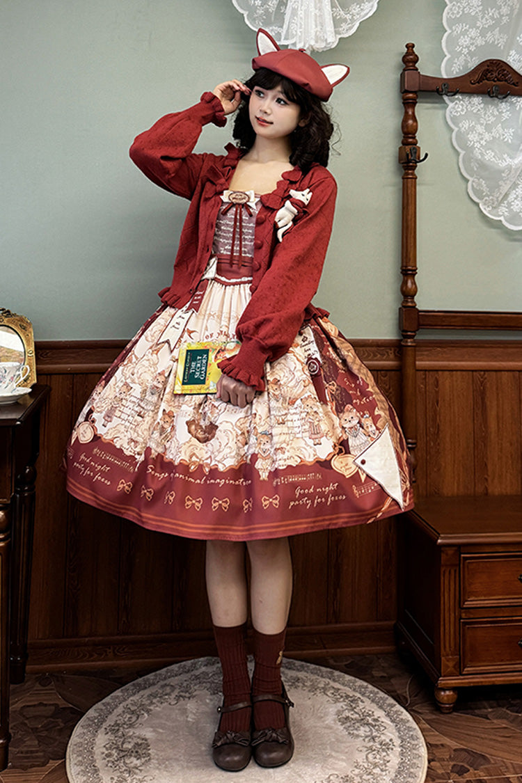 Burgundy Fox Band Print Square Collar Bow Classic Lolita Jumper Dress