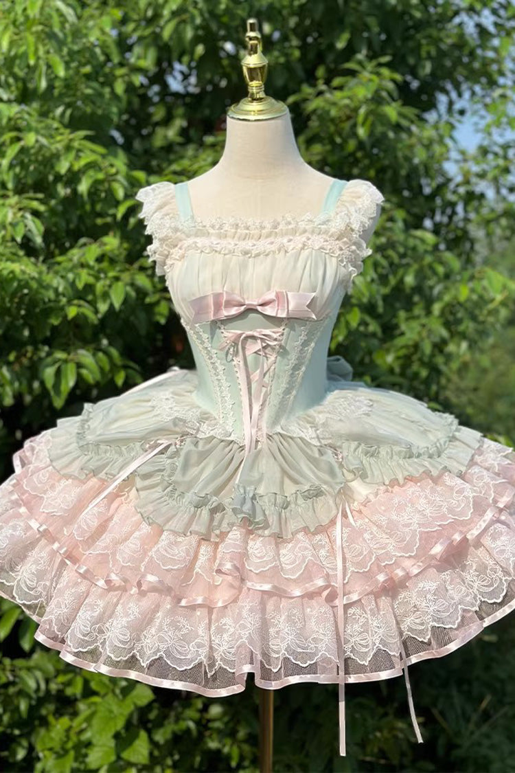 Emerald Bale Bebe Sleeveless Triple Ruffled Bow Lace-Up Sweet Ballet Lolita Gown