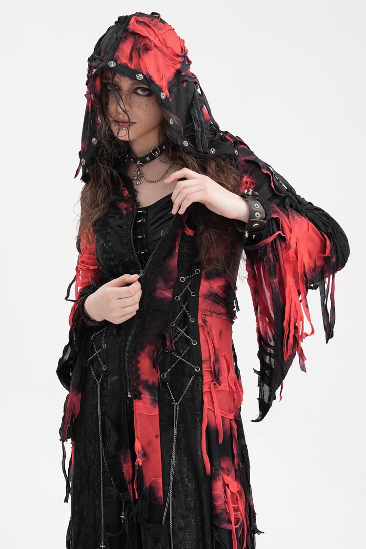 Crimson & Noir Long Sleeve Lace Distressed Zippered Punk Coat