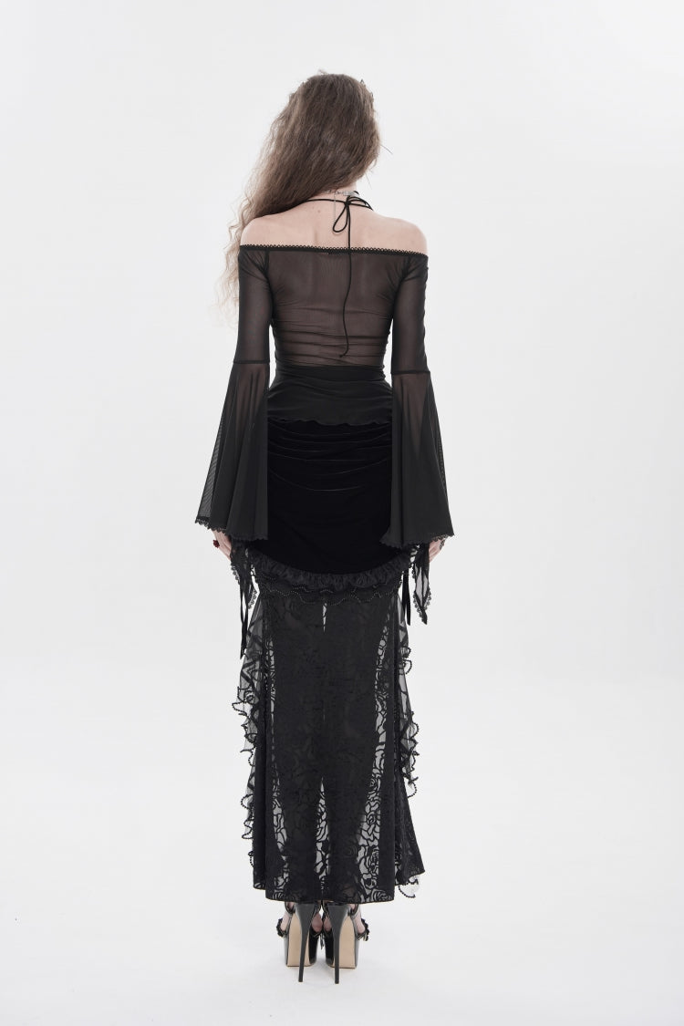 Crimson & Noir Off-Shoulder Long Bell Sleeve Ruffled Embroidered Lace-Up Gothic Blouse