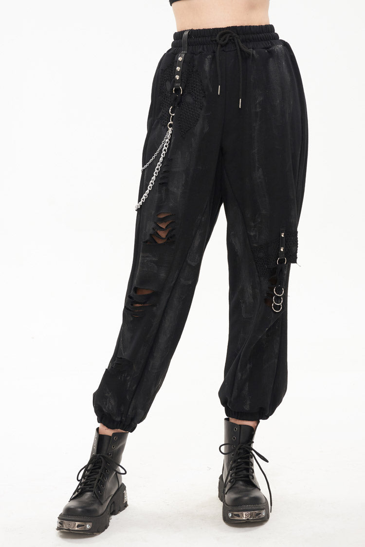 Gothic Pants with Knit Material and Hand-Painted Metal Circle Decoration