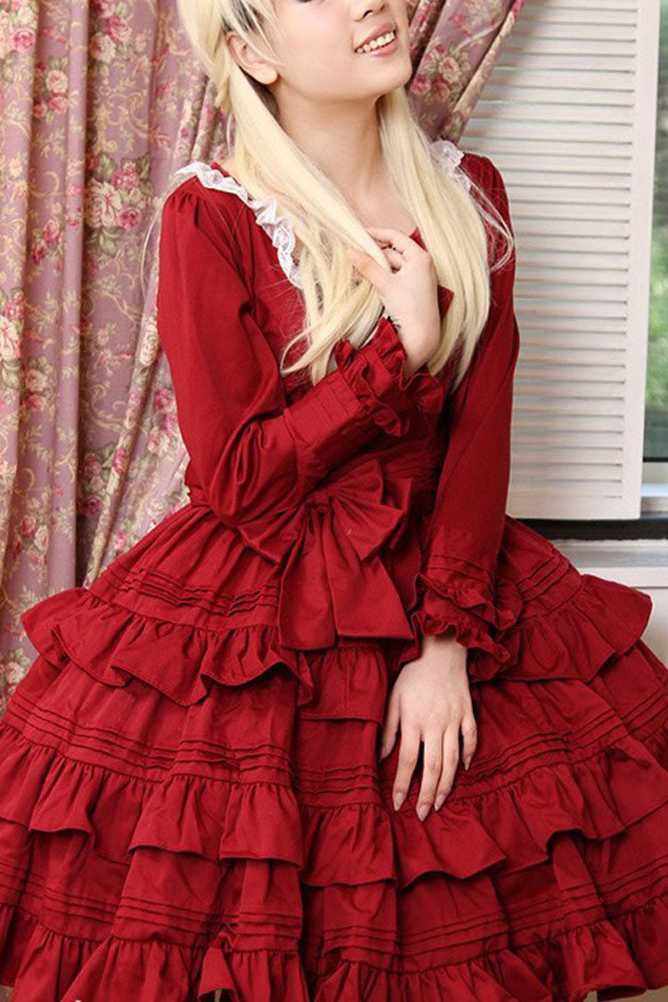 Crimson Ruffled Long-Sleeve Victorian Lolita Gown