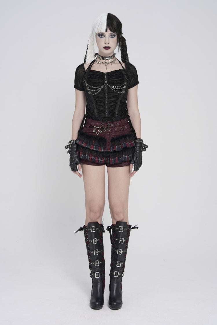 Punk Blouse with Studded Pleats and Chain Accents