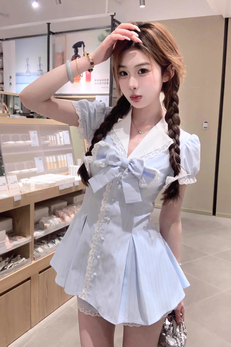 Striped Print Ruffle Bowknot Sweet Jirai Kei Dress with V Collar and Short Puff Sleeves