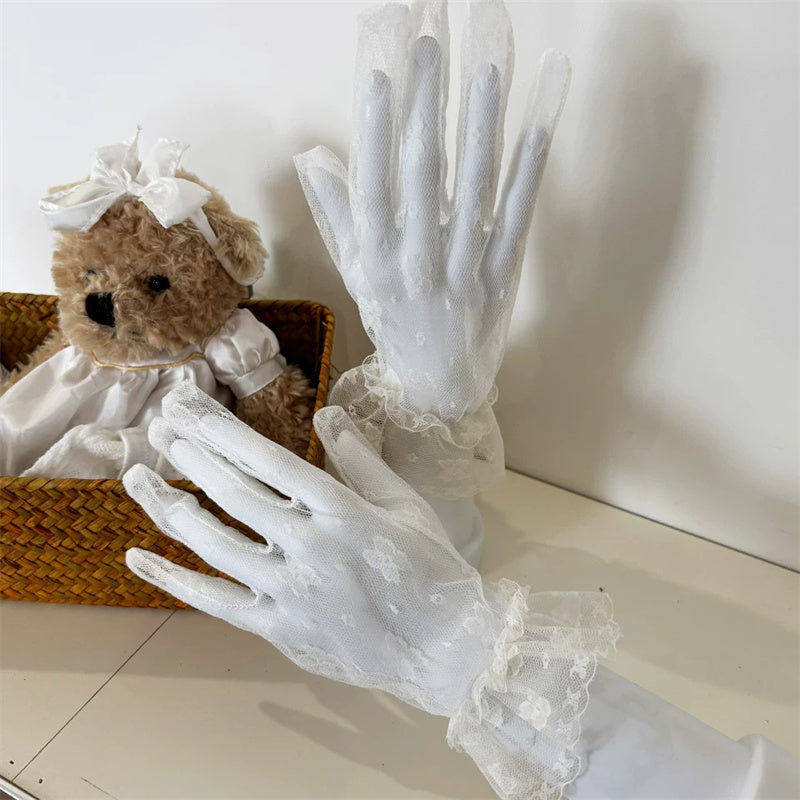 Lace Mesh Gloves with Butterfly Embroidery