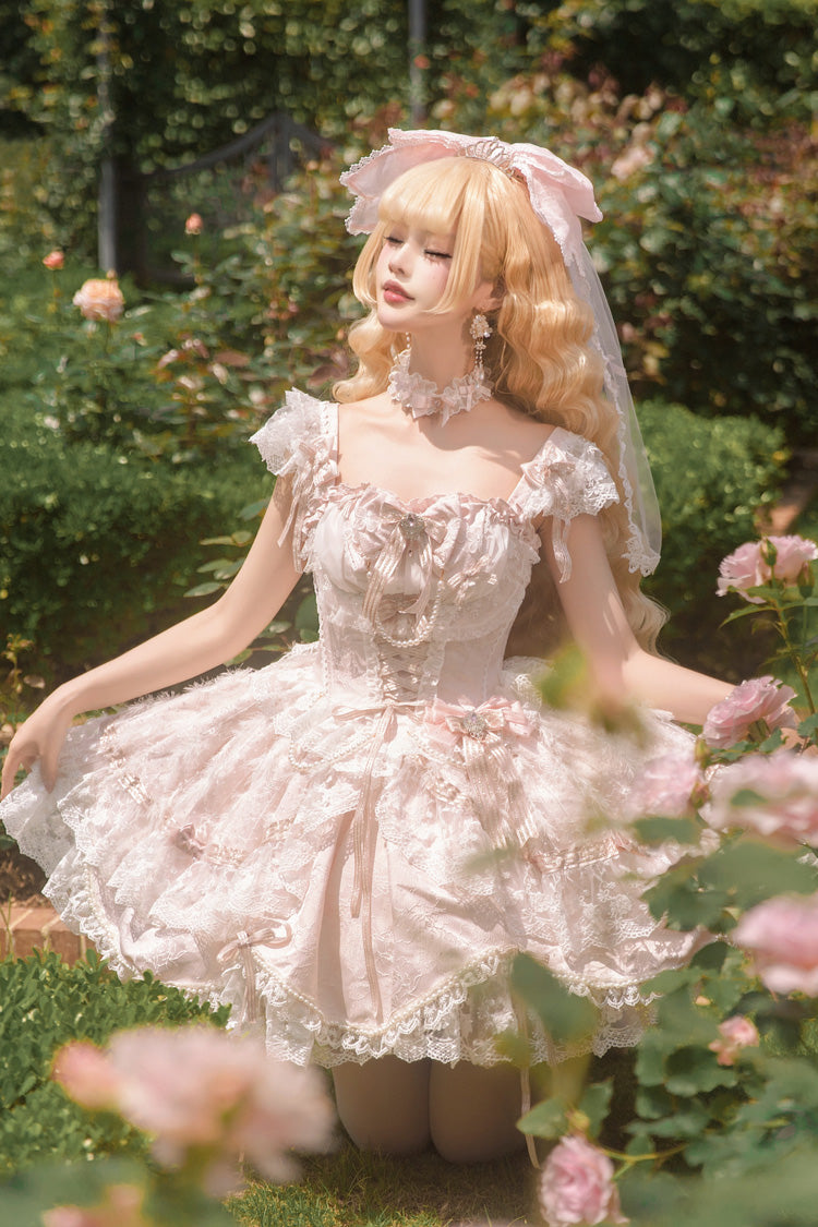 Anna's Ball Square Collar Hanayome Bow Lace JSK, Sweet Princess Ballet Ruffled