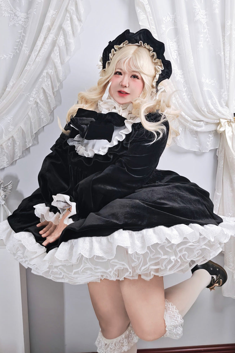 Stand Collar Ruffled Bow Plus Size Gothic Dress - Antique Velvet Doll