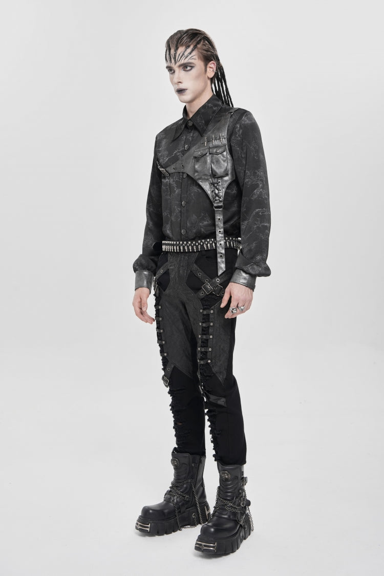 Punk Asymmetric Blouse with Print Stitching and Bullet Detail, Long Sleeve