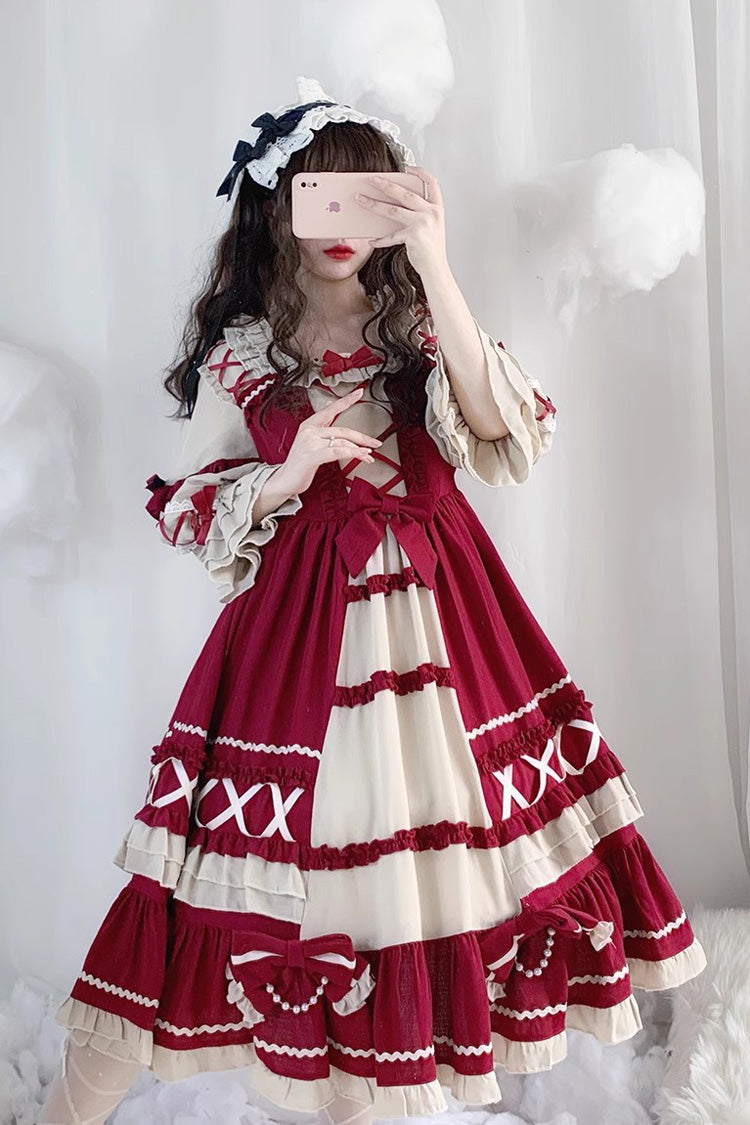Wine Long-Sleeve Bow Ruffle Sweet Lolita One-Piece