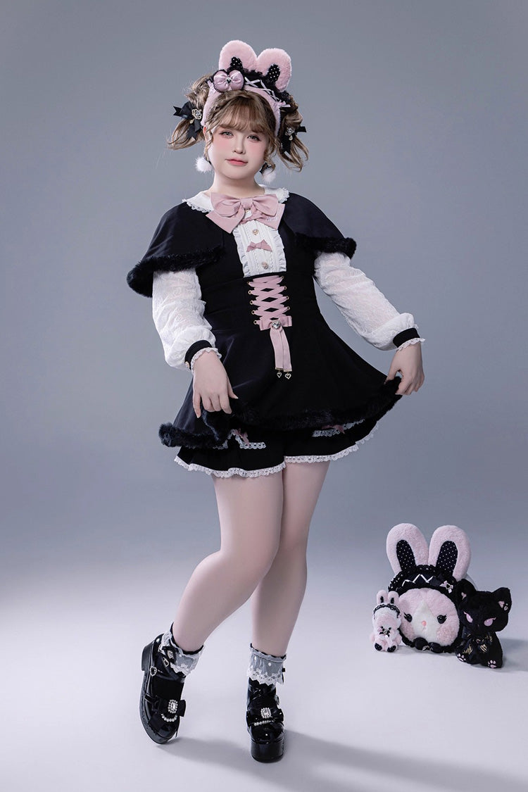 Jirai Kei Long-Sleeve Lace-Up Set with Ruffle Bow and Plush Shorts, Japanese Style