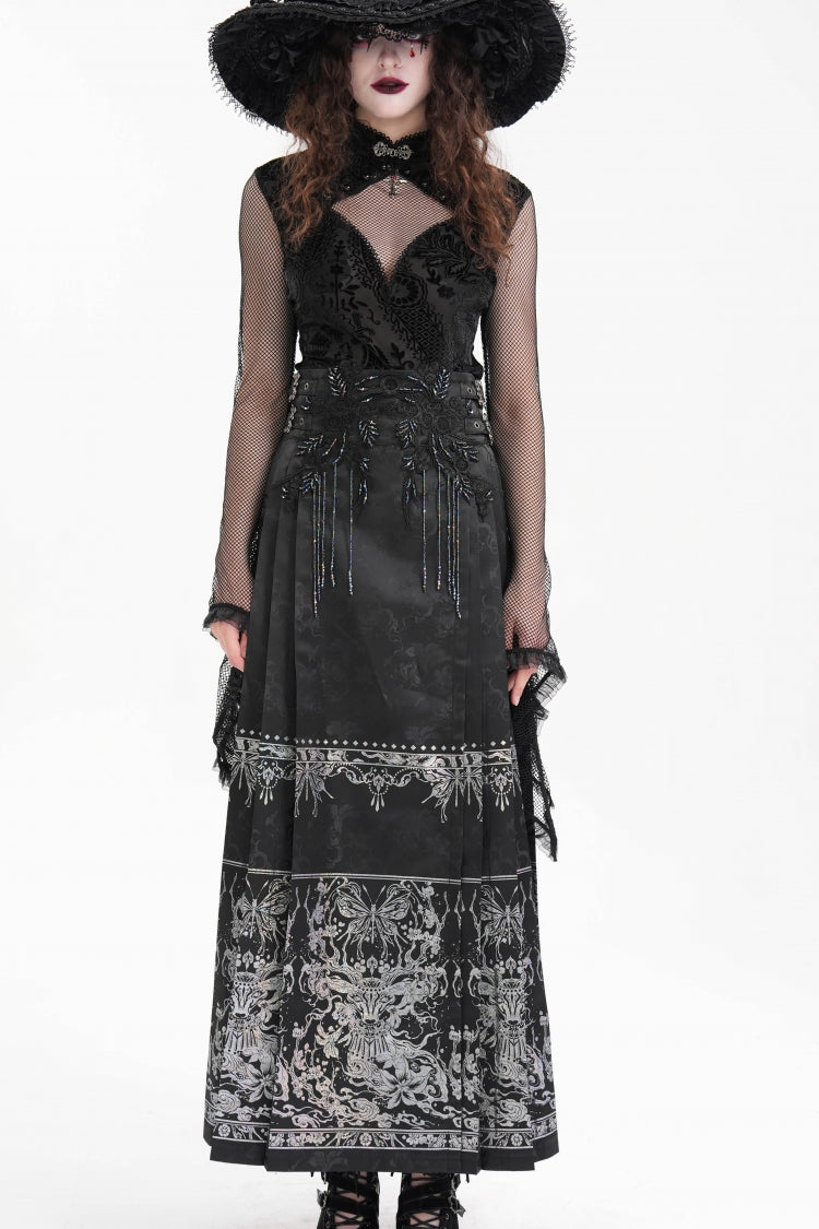 Ink-Black Embroidered Fringe Buckle-Trimmed Maxi Skirt