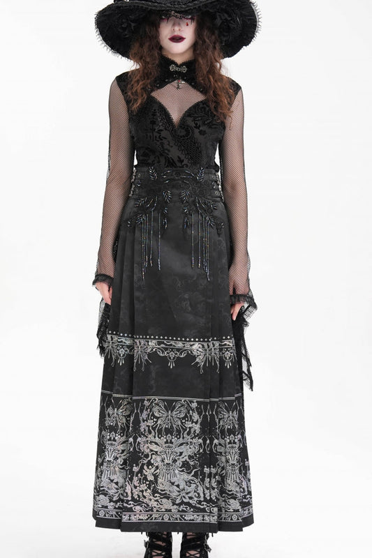 Ink-Black Embroidered Fringe Buckle-Trimmed Maxi Skirt