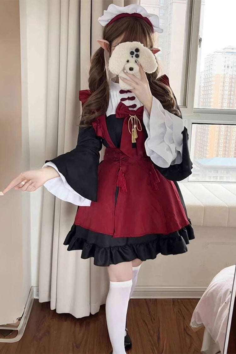 Crimson & Noir Maid Long Flared Sleeve Ruffled Bow Classic Plus Size Chinese Lolita Full Set