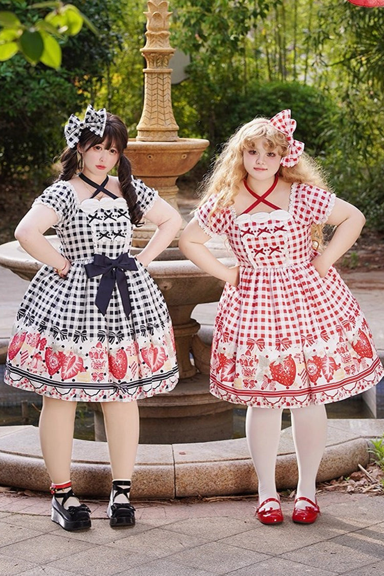 Strawberry-Plaid Sweet Lolita Dress with Bow Accents