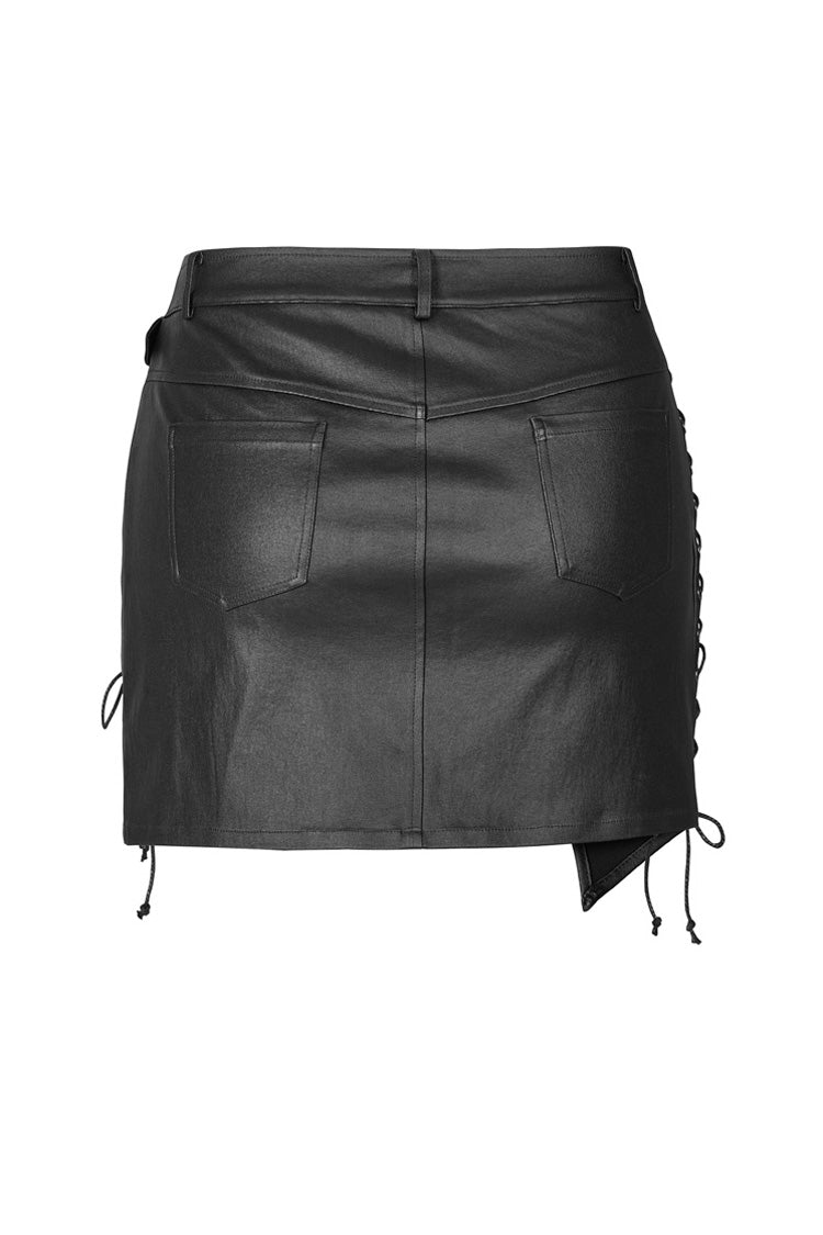 Asymmetric Hem Leather Skirt with Side Clasps and Lacing