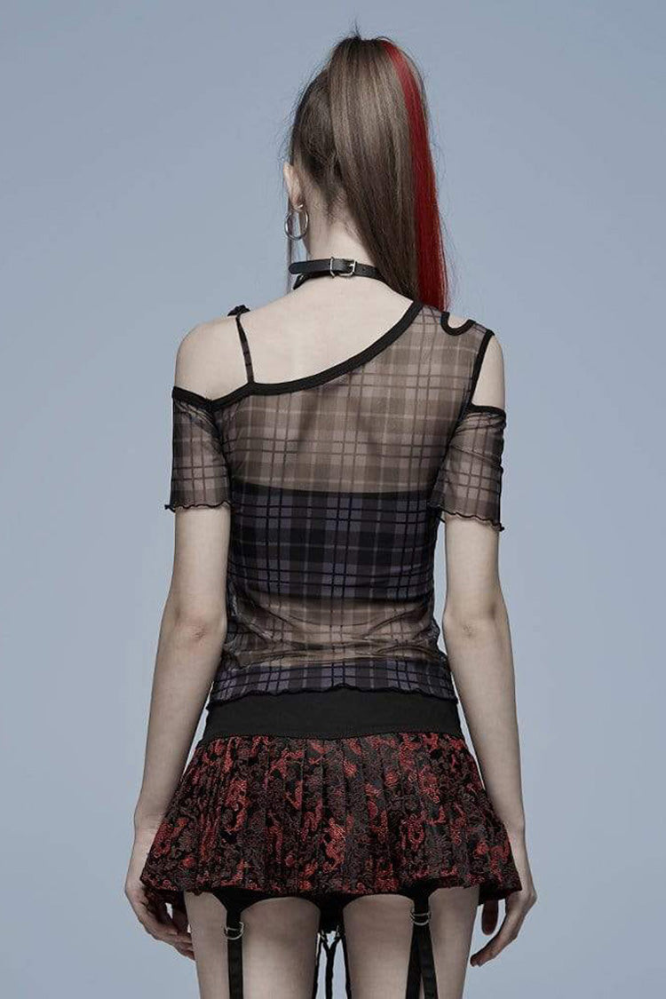 Women's Punk T-Shirt with Asymmetrical Cutout Neckline, Strap Design, Plaid Mesh