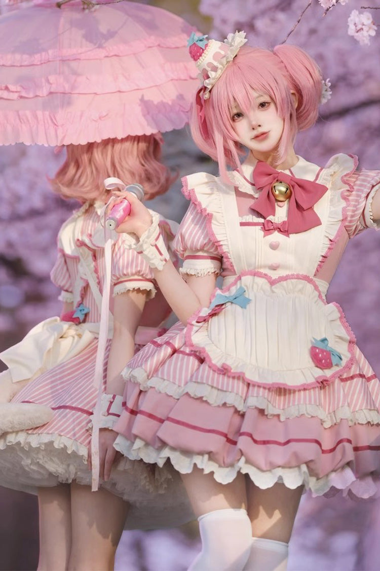 Berry Bubbles Stripe Print Ruffle Bowknot Lace Dress, Sweet Lolita Charm