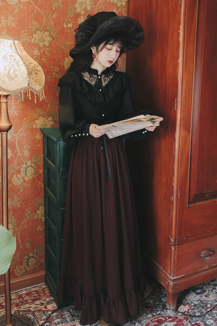 Crimson Noir High-Waist Lace Print Vintage Lolita Skirt Set with Long Sleeves