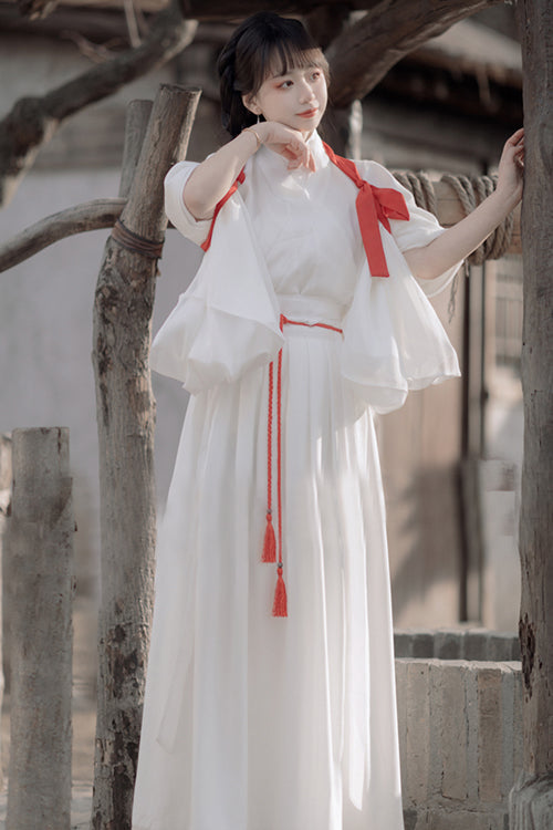 White Ancient Chinese Broad-Sleeved Celestial Sweet Hanfu Gown Complete Outfit