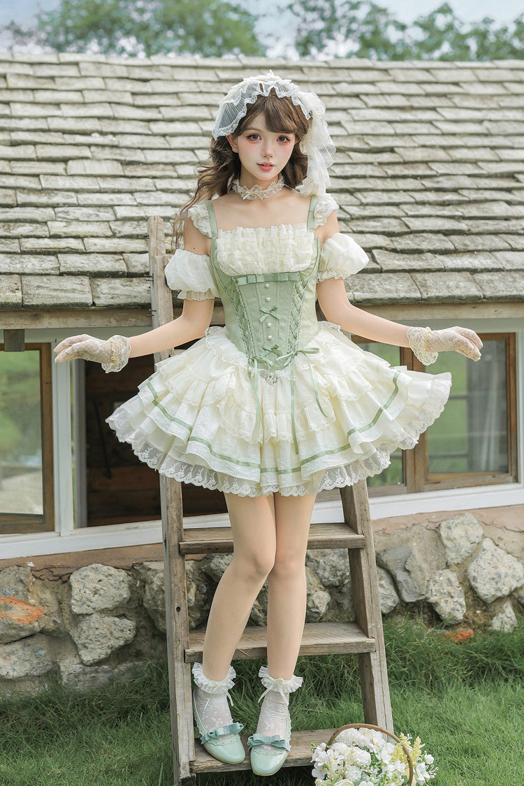Emerald Square Neck Ruffled Lace Bow Accent Sweet Lolita JSK in Two Styles