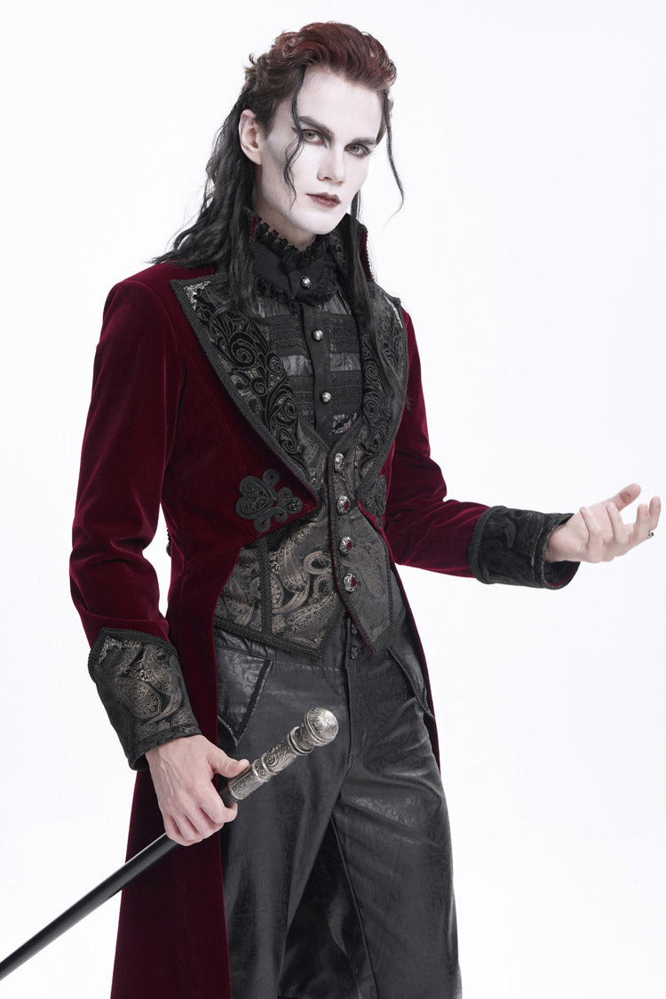 Burgundy Long Sleeve Button Floral Embroidery Gothic Men's Jacket