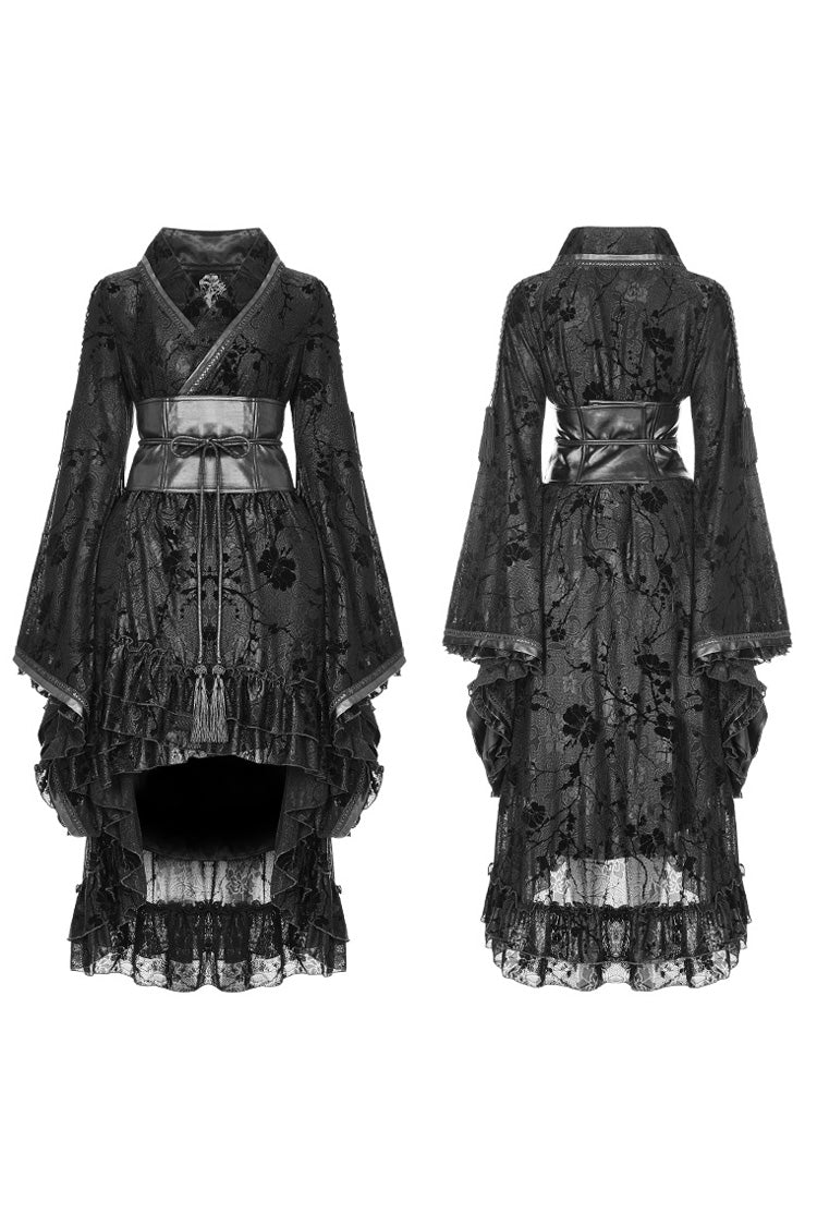 Gothic Kimono Dress with Ruffle Print, Long-Sleeve Women's Japanese-Inspired