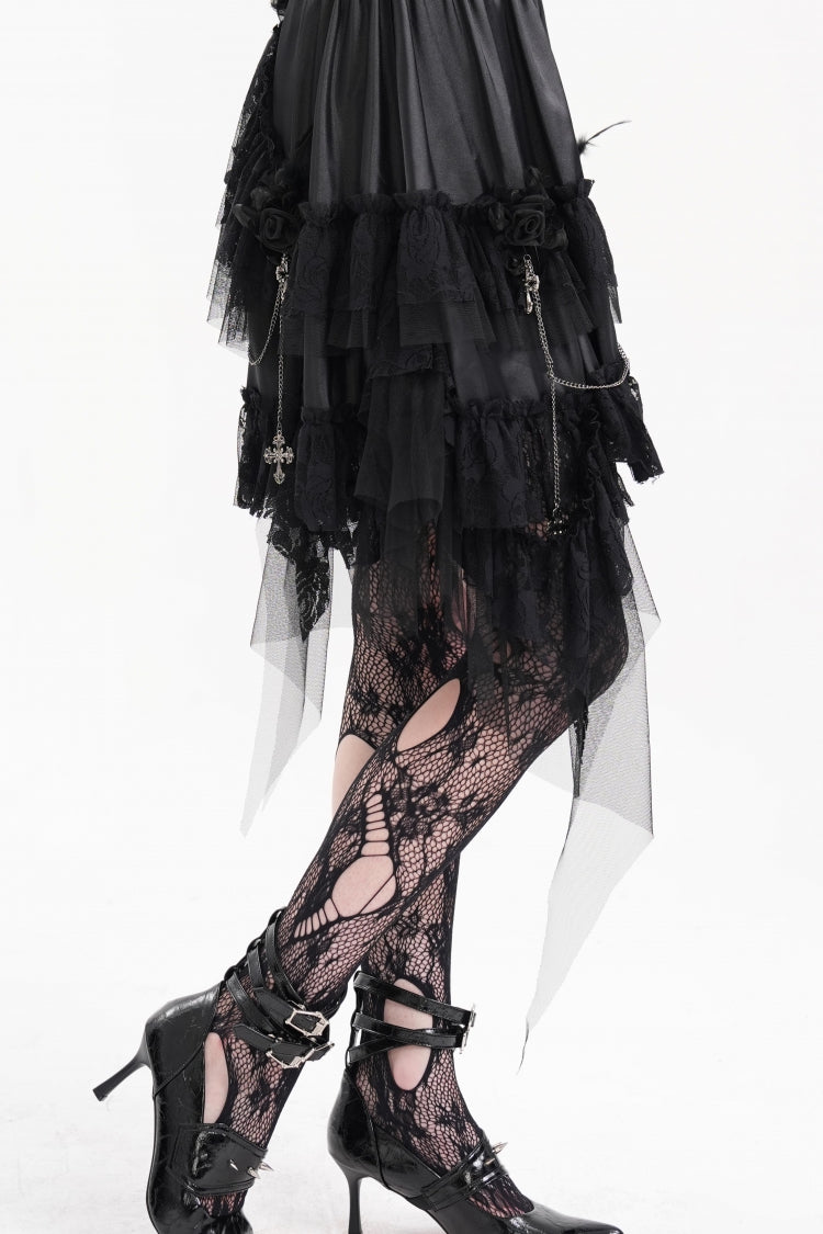Women's Gothic Skirt with Chain Ruffle, Lace and Irregular Hem Cross