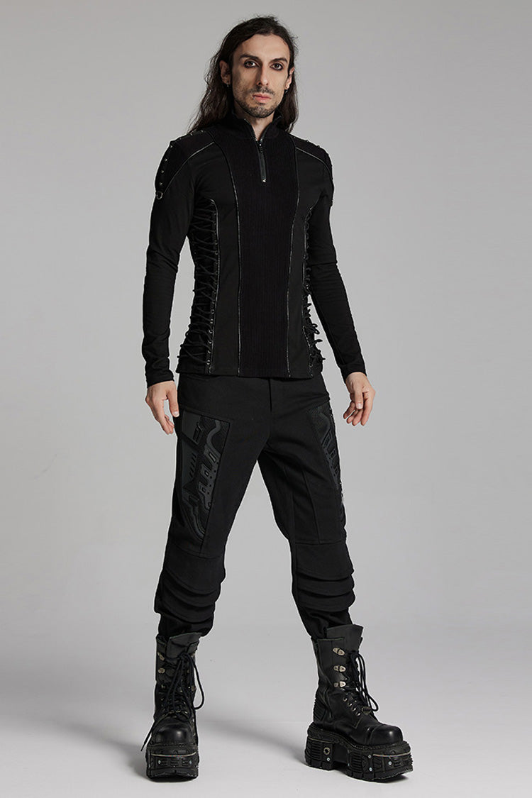 Punk Top with Rivets and Zipper, Drawstring Long-Sleeve Men's Shirt