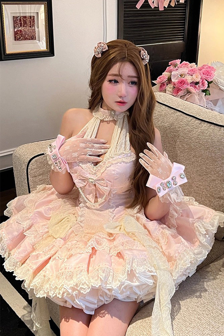 Beloved Young Lady Halterneck Sleeveless Dress, Double-Layered Ruffle Bow Lace Elegant