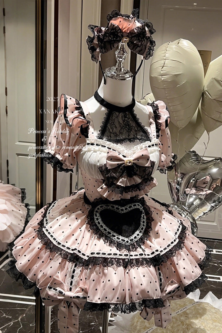 Apprentice Cupid Halterneck Short Sleeves Print Ruffle Bowknot Lace, Maid Sweet Lolita