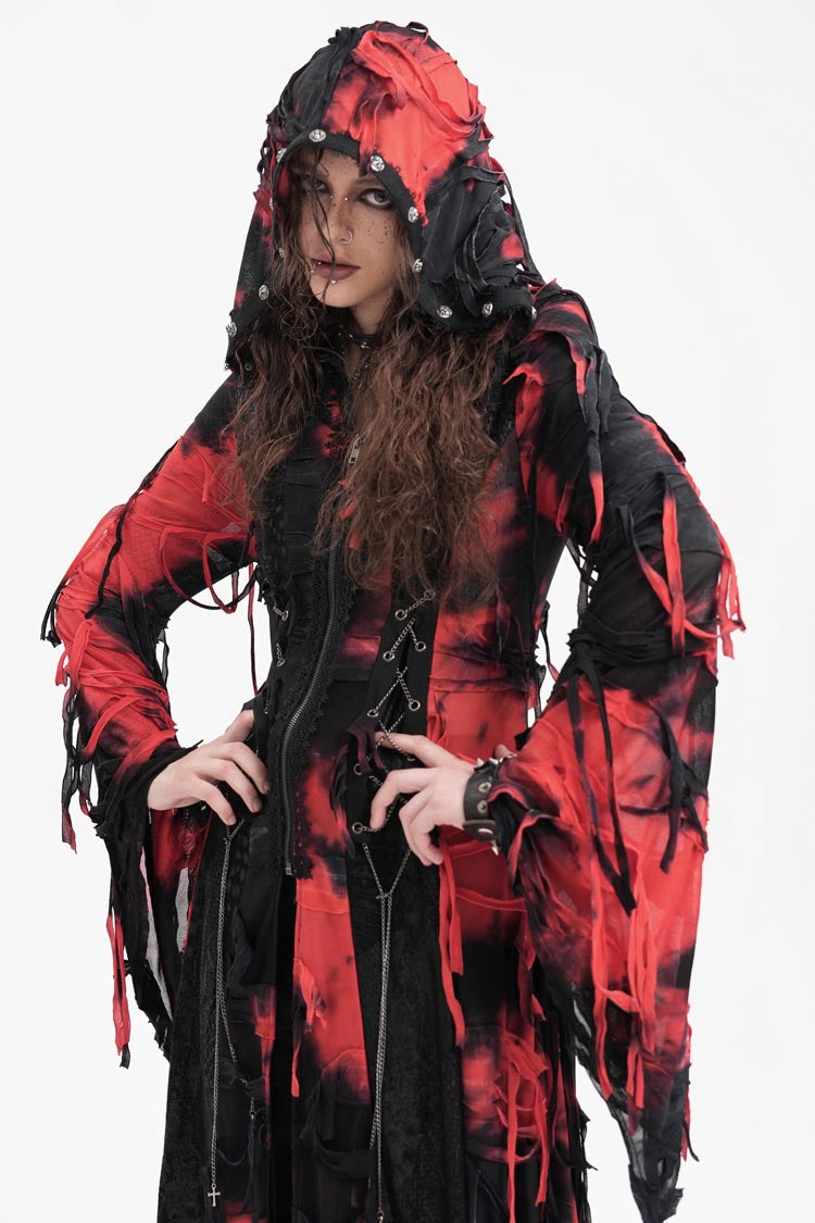 Crimson & Noir Long Sleeve Lace Distressed Zippered Punk Coat
