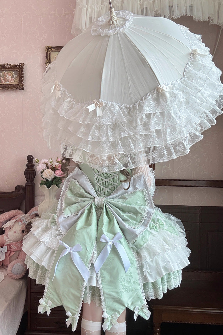 Emerald Sleeveless Triple Ruffle Embroidered Bow Pearl Lace-Up Plus Size Lolita JSK
