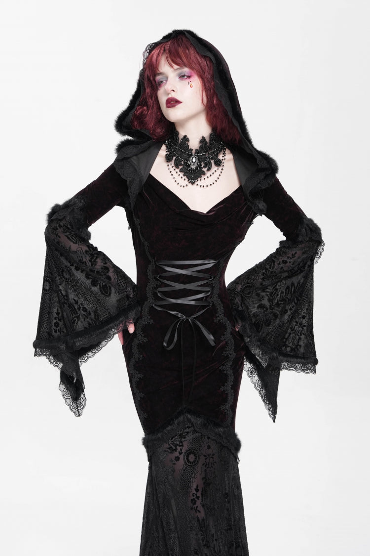 Crimson & Noir Long Flared Sleeve Embroidered Stitched Hooded Mesh Gothic Dress