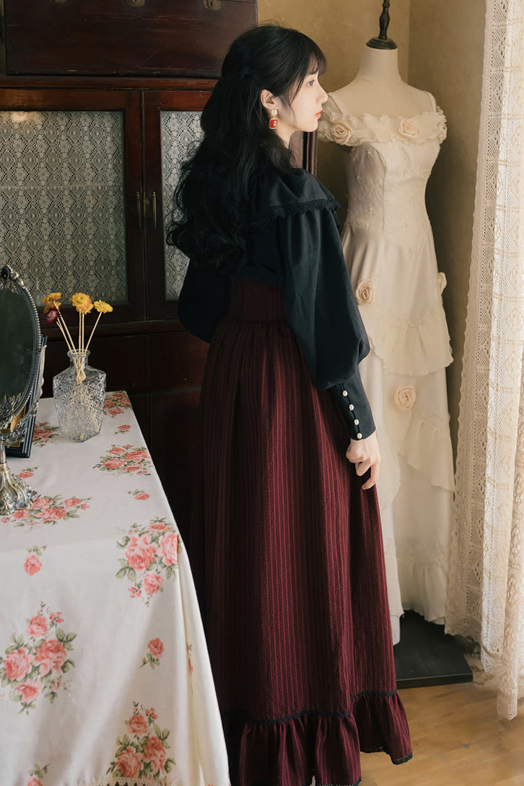 Crimson Noir High-Waist Lace Print Vintage Lolita Skirt Set with Long Sleeves