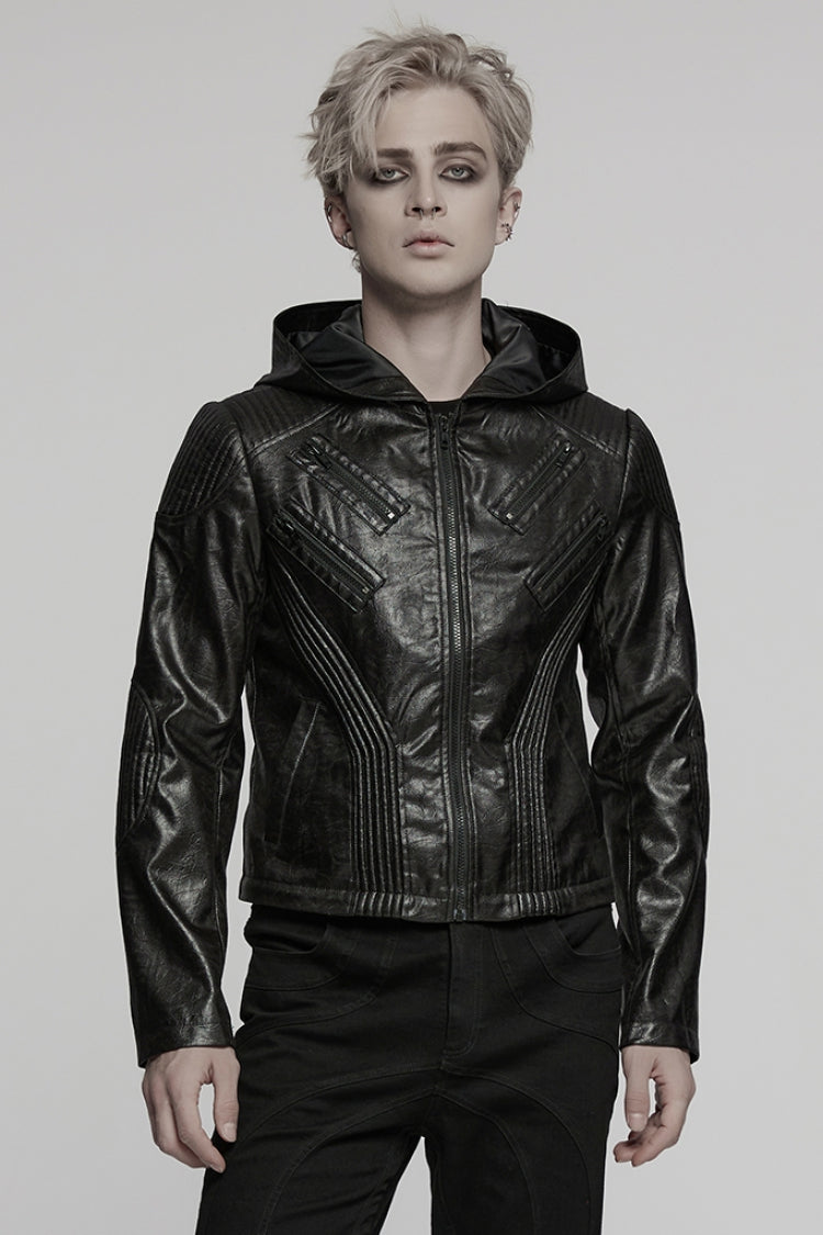 Men's Punk Coat with Ruched Faux Leather, Hooded and Detachable, Long Sleeve