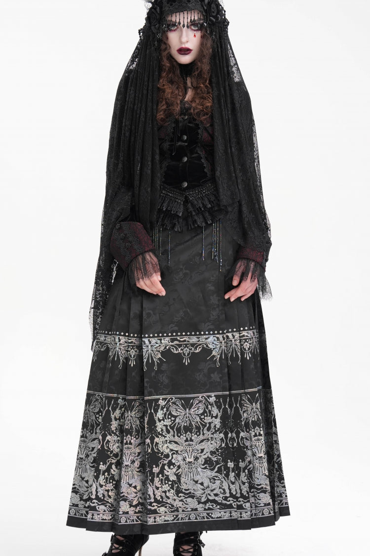 Ink-Black Embroidered Fringe Buckle-Trimmed Maxi Skirt
